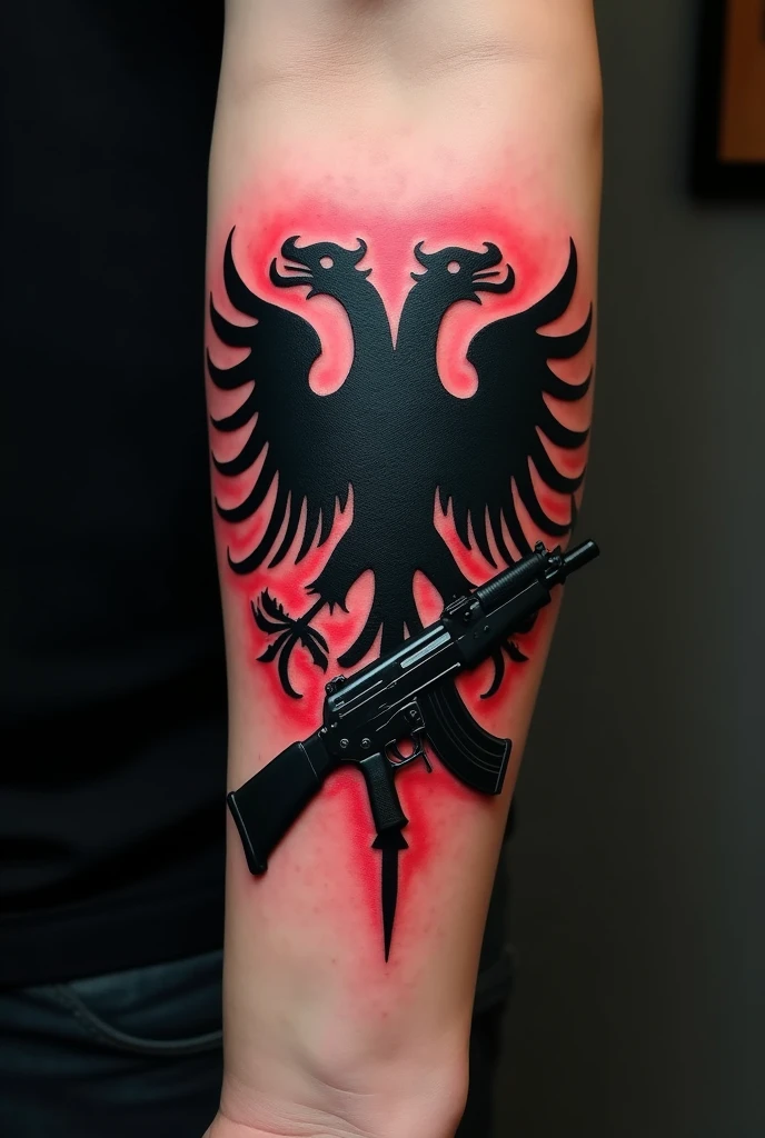 Can you create the Albanian flag for me, I want to put it in the form of a tattoo but I want the tattoo on my forearm and that it's all black. Can you add a gradient to the tattoo that is black and that is mafia-style? Can you make it smaller? I have two AK47s that should be enclosed in the flag but without the red color. Can you remove the red color?