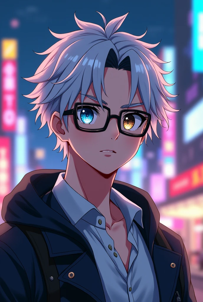 Young male with white hair with black tips, two-colored eyes, and anime-style glasses