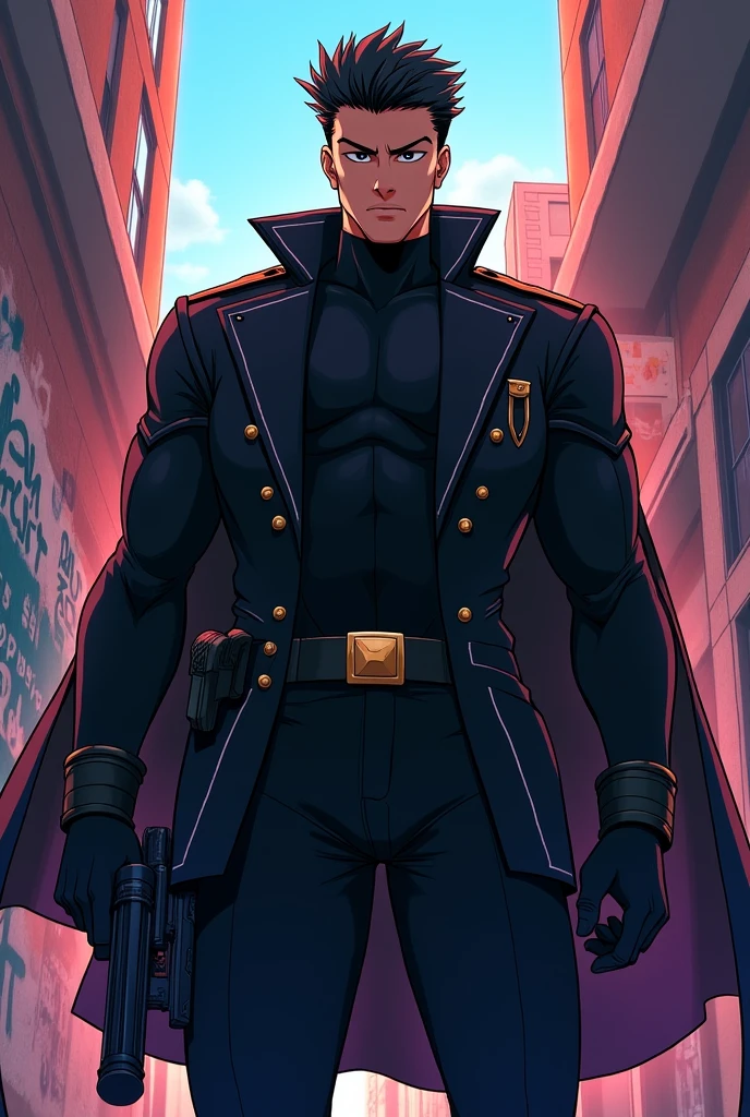 Make me a superhero whose suit is black military style with a jacket , without cape, that you can see part of his face and in an animated version and that he carries a gun that wears a jacket but in anime version