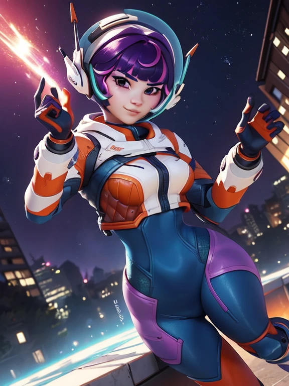 Juno_Overwatch_2, short hair, messy hair, purple hair, bangs, brown eyes, white headphones, orange cropped jacket, blue skintight bodysuit, white backpack, space ranger, blue and orange gloves, long eyelashes, cute face, orange and white space boots, wide smile, excitement, she's very adventurous, outer space background, pink nebula's in the surroundings
