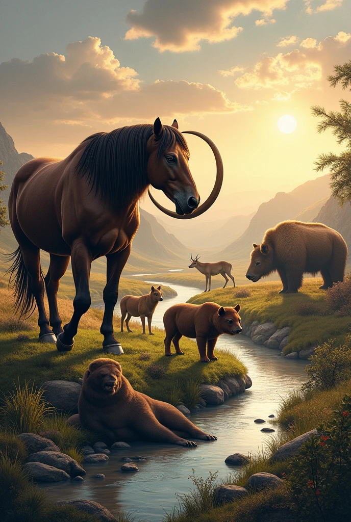 image with a horse, a mammoth, a uro, a seal, a bison, A bear, a woolly rhinoceros, a deer and a wolf 