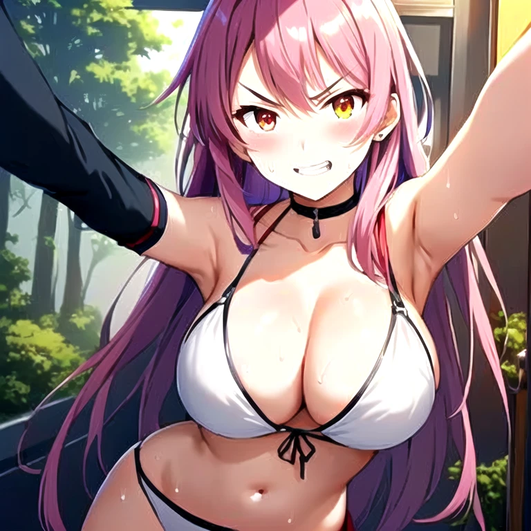 anime girl , white bikini, selfie to her chest, breasts closeup. happy smile. background a forest. beads of sweat on his chest, mischievous smile, Moe anime art style, bright red eyes, looking disgusted, looking angry, eyebrows raised, eyes wide open in shock, mouth making a grimace of repulsion showing teeth, 4K anime style, anime art wallpaper 8k, 4k anime wallpaper, 4k anime wallpaper, 4k anime wallpaper, anime art wallpaper 4k, anime art wallpaper 4k, manga wallpaper 4k, seductive anime girl, Kantai Collection Style, anime rudo 8K