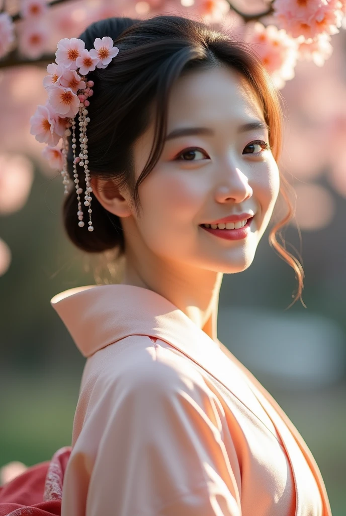 An elegantly dressed Japanese woman in natural light、A close-up of her chest and calm expression.、It shows her inner peace and outer charm.。