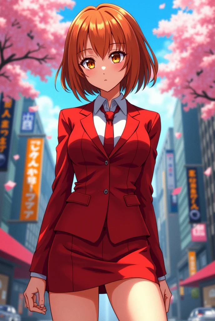 Nobara Kugisaki,adult  woman,short brown orange hair,White-panties,orange eyes, skirt short,red suit, anime image.
