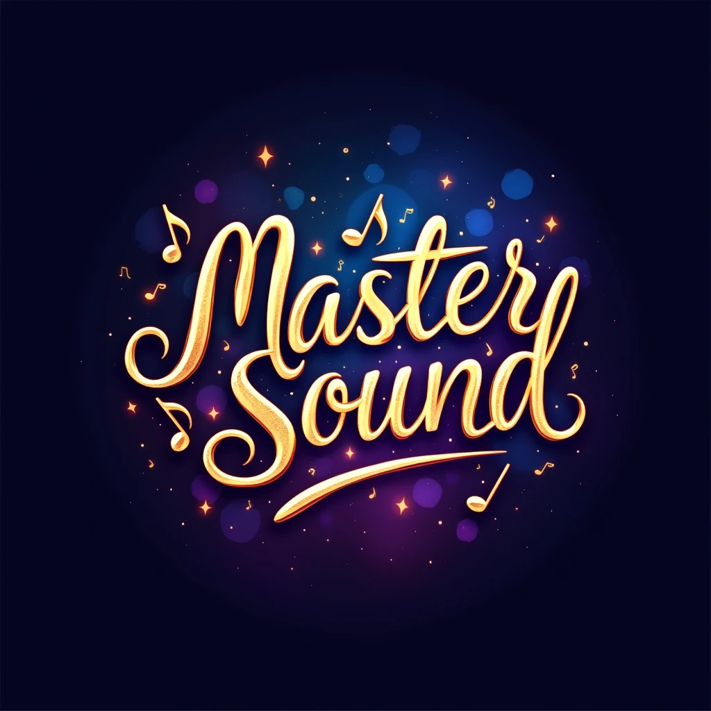 Create a logo for a music group with the words Master Sound and a beautiful font. estilo 3d
And include musical notes. 
Cambia el fondo

