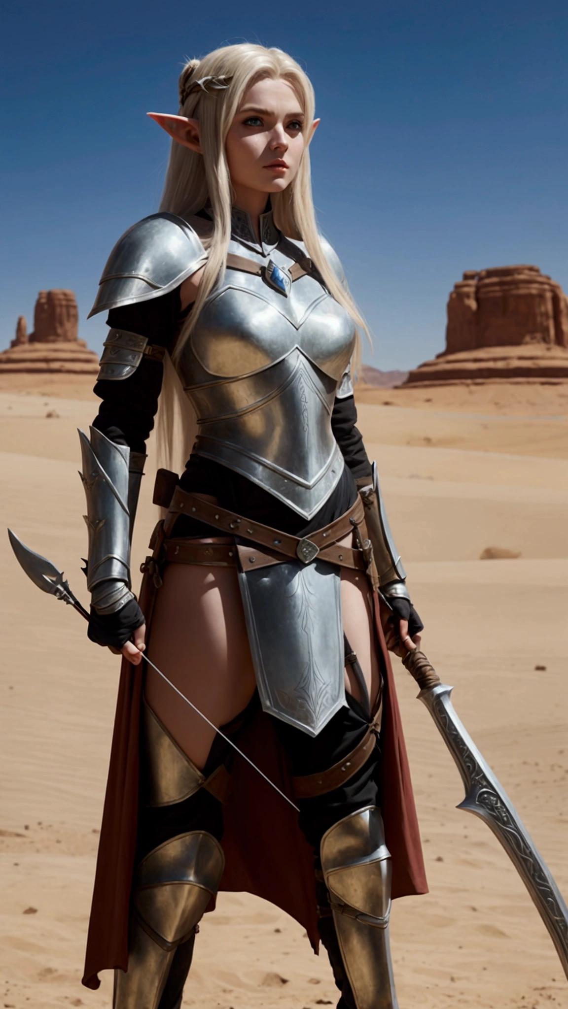 Elf woman  , long straight hair, wearing light leather armor and medieval clothing, wielding a bow, in a desert, best qualityer, high fantasy.