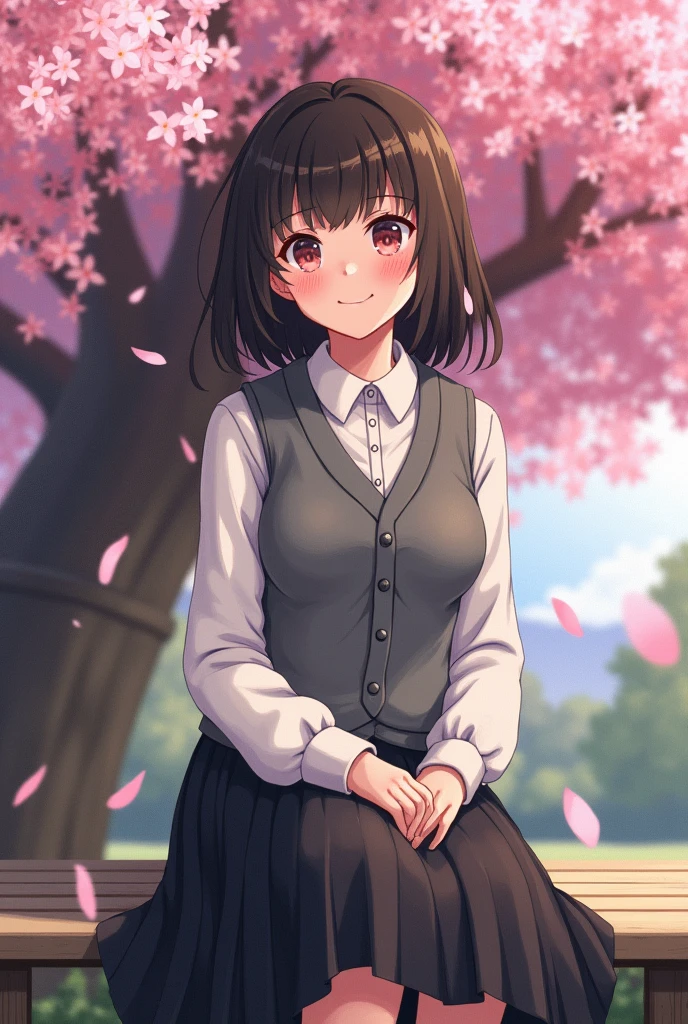head of'artwork, best quality, absurdists, Hori Kyōko, gilet en laine gris, chemise à col, Jupe plissée noire, En plein air, bench, Session, Fleurs de sakura, cherry blossom tree, ssmile, flush,