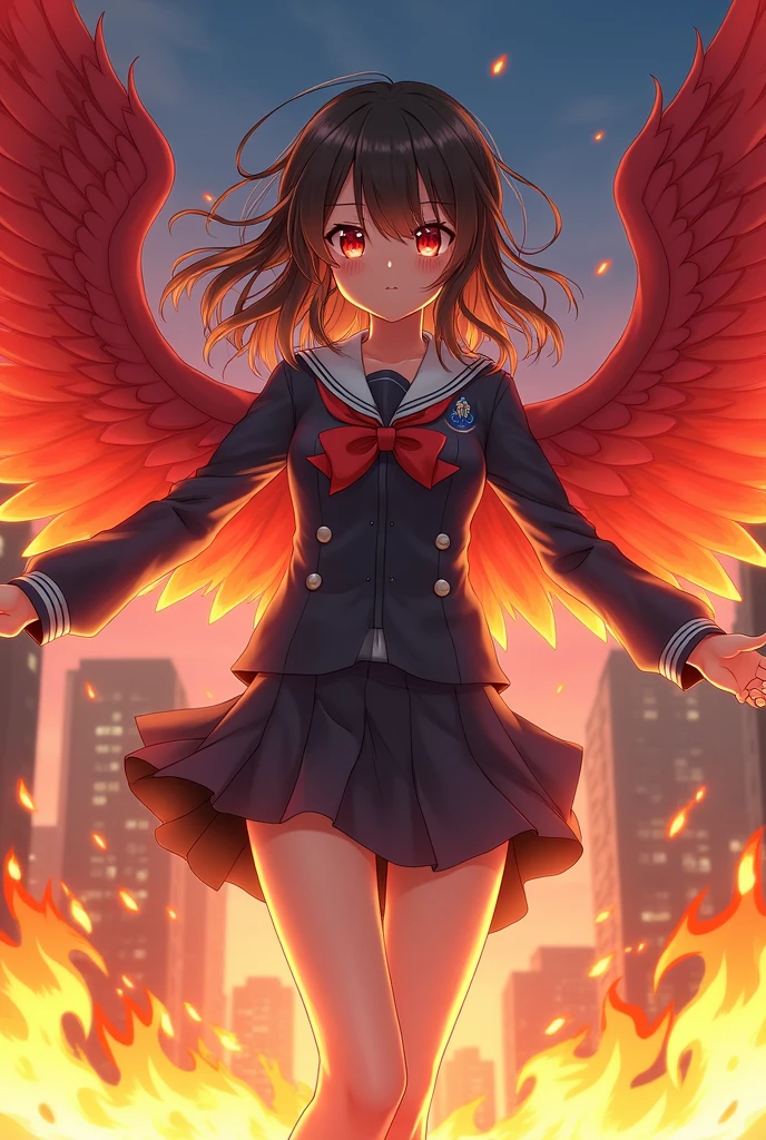 Chat, create a drawing of a unique character, with the following descriptions: hair cut: Curtain bangs (loose and wavy hair)
eyecolor: one yellow and the other red
Power: has red wings and control of fire
Clothing: school uniform
Art Style: アニメ (bha)
name: Yumi Takami