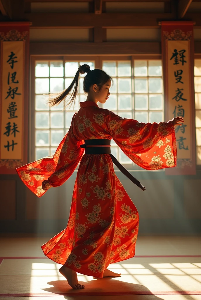 Japanese girl, kimono, fighting power, dojo, solar lighting