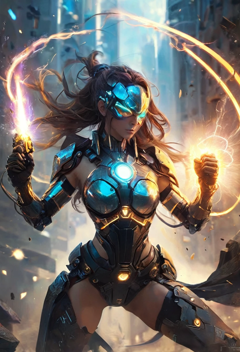 Post-apocalyptic warrior, women, clad in cybernetic armor, radiating light and infinite power, He forms an energy whip that emanates from his hands, prostrate over the defeated galactic enemy