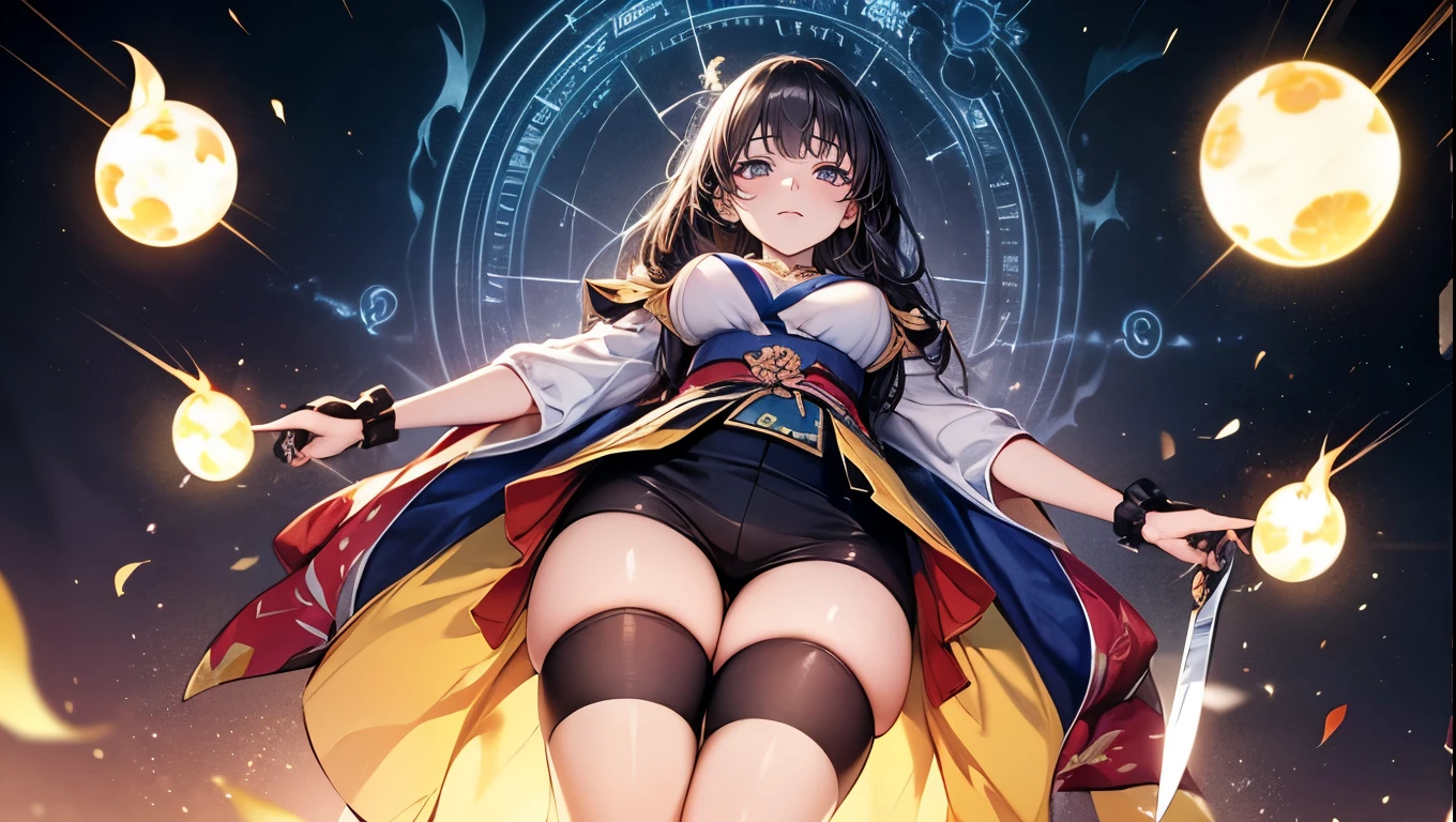 (Very delicate and beautiful:1.2)super model,,Beautiful breasts,voluptuous,【bike shorts】,,【3girls】,,Highest quality, High resolution, 8k,mini skirt,Japanese style,knife,Blue Flame.magic circle.3 people look down on the viewers with mockery..