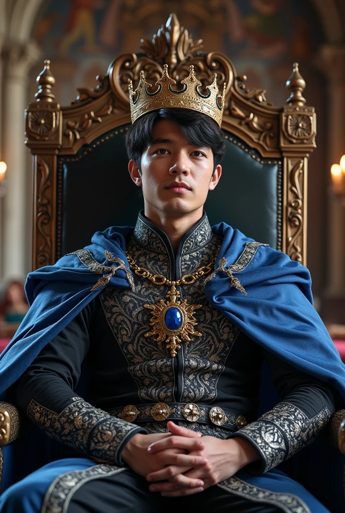 A Korean young and handsome king from the North Kingdom, with short black hair and black raven eyes, wearing his blue, black and white with silver linings royal clothes with his golden crown that has a big sapphire stone in the middle while sitting on his throne inside his castle.