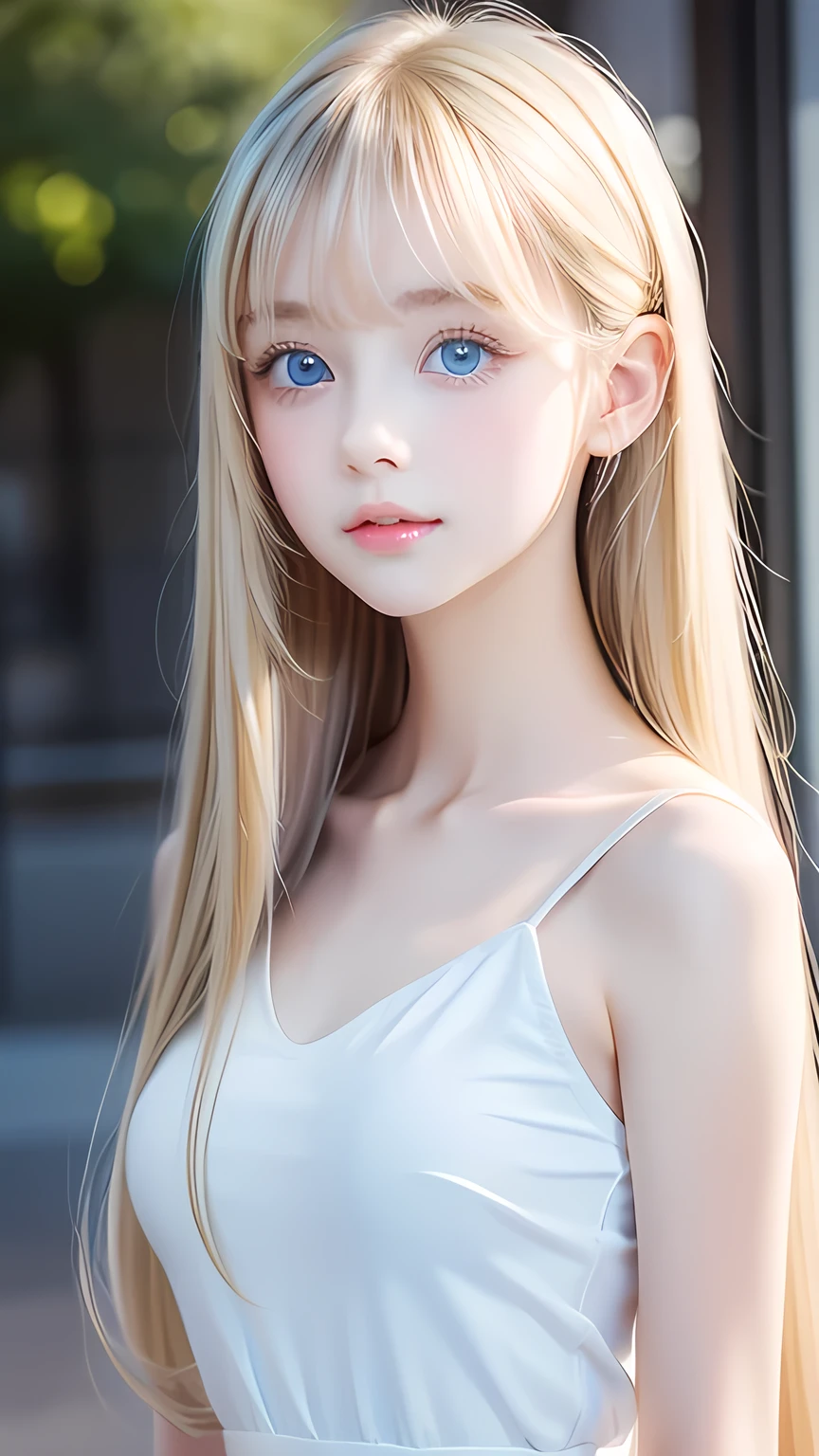 Portrait、、bright look、ponytail、bangs between eyes、bangs on the face、Young, shiny, white, glossy skin、gross face、cheek gloss highlight、best beauty、blonde reflection、Platinum blonde hair with dazzling highlights、shiny bright hair,、super long silky straight hair、Shining beautiful bangs、Attractive, beautifully shining, very bright, light blue eyes、very big eyes、Very beautiful nice cute beautiful girl、rich bust、small face beauty、