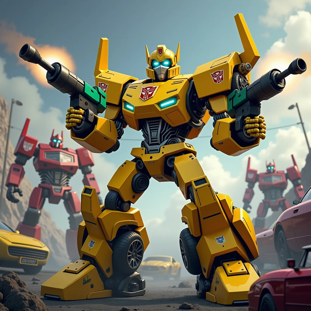 Robot. Yellow. Green. Car parts. 2 guns shooting. Robot face, High Resolution, Masterpiece, Best Quality, High Details, transformers in background. Autobot insignia. Multiple Views, square head. Blue eyes. 