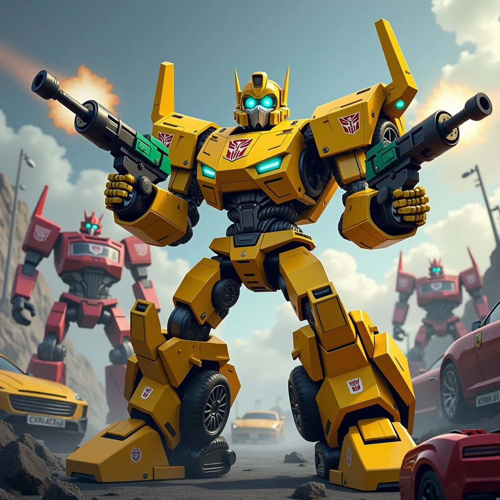 Robot. Yellow. Green. Car parts. 2 guns shooting. Robot face, High Resolution, Masterpiece, Best Quality, High Details, transformers in background. Autobot insignia. Multiple Views, square head. Blue eyes.