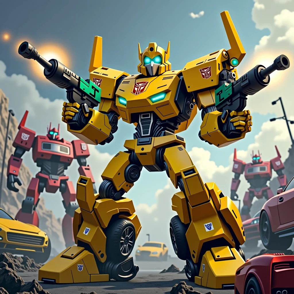 Robot. Yellow. Green. Car parts. 2 guns shooting. Robot face, High Resolution, Masterpiece, Best Quality, High Details, transformers in background. Autobot insignia. Multiple Views, square head. Blue eyes.