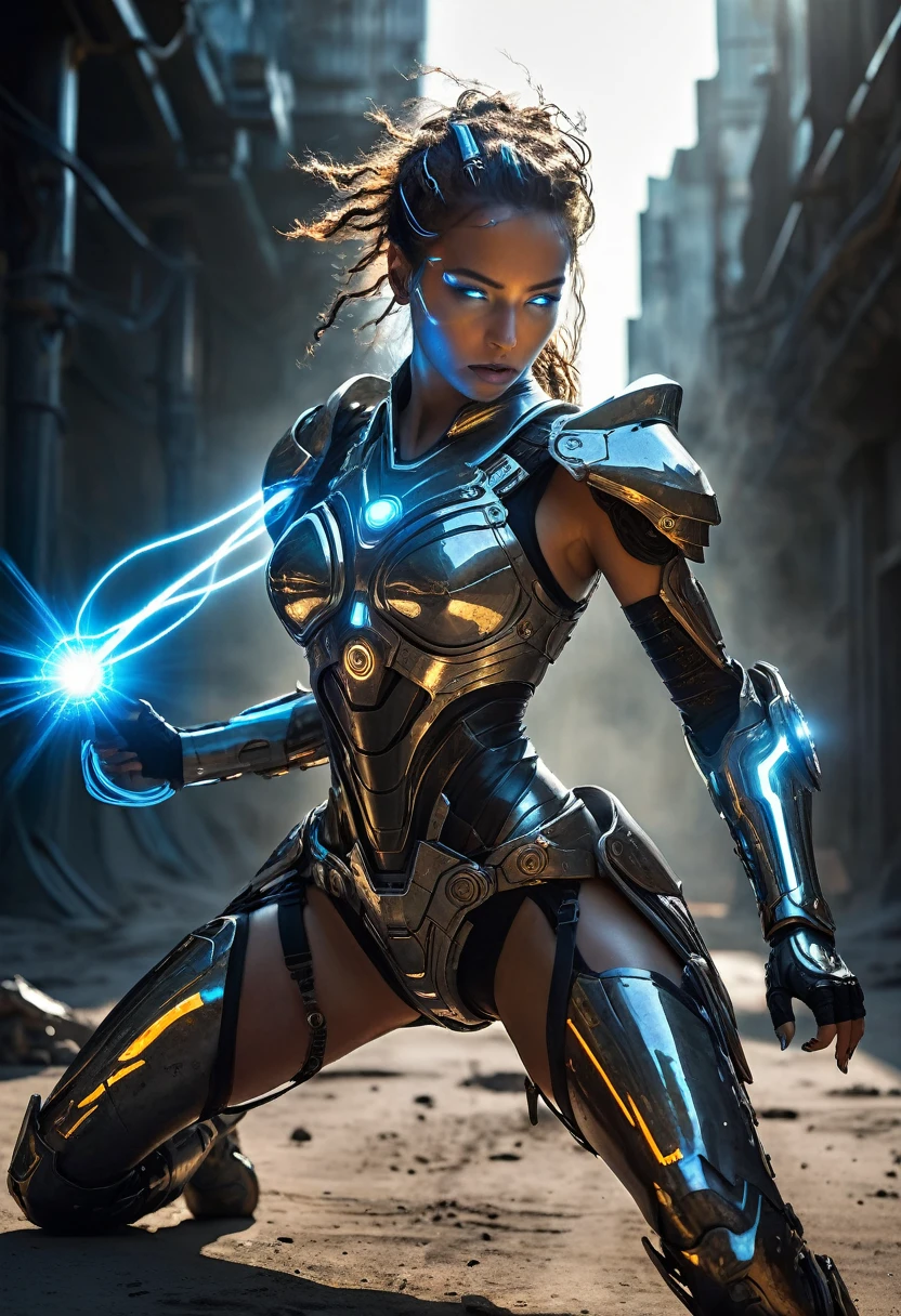 Post-apocalyptic warrior, women, clad in cybernetic armor, radiating light and infinite power, He forms an energy whip that emanates from his hands, prostrate over the defeated galactic enemy