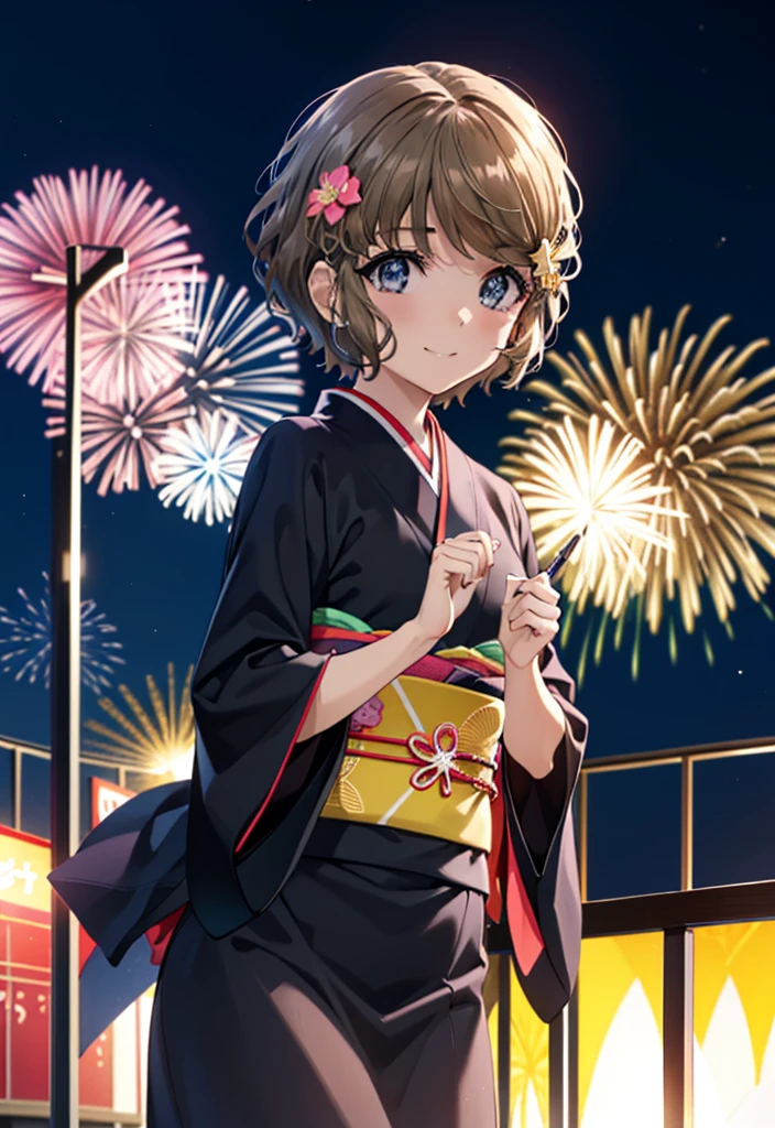tomoekoga, Chie Koga, short hair, Brown Hair, blue eyes, Flower Hair Ornaments,smile,black kimono,Wide sleeves,日本のFestivalり,夏Festivalりの屋台,Red lantern,Fireworks in the night sky,Fireworks、The place is a fireworks display,Time is night,sunny day,turn around,whole bodyがイラストに入るように
break outdoors,Festival ,
break looking at viewer, whole body,(Cowboy Shot:1.5),
break (masterpiece:1.2), Highest quality, High resolution, unity 8k wallpaper, (figure:0.8), (Beautiful attention to detail:1.6), Highly detailed face, Perfect lighting, Highly detailed CG, (Perfect hands, Perfect Anatomy),