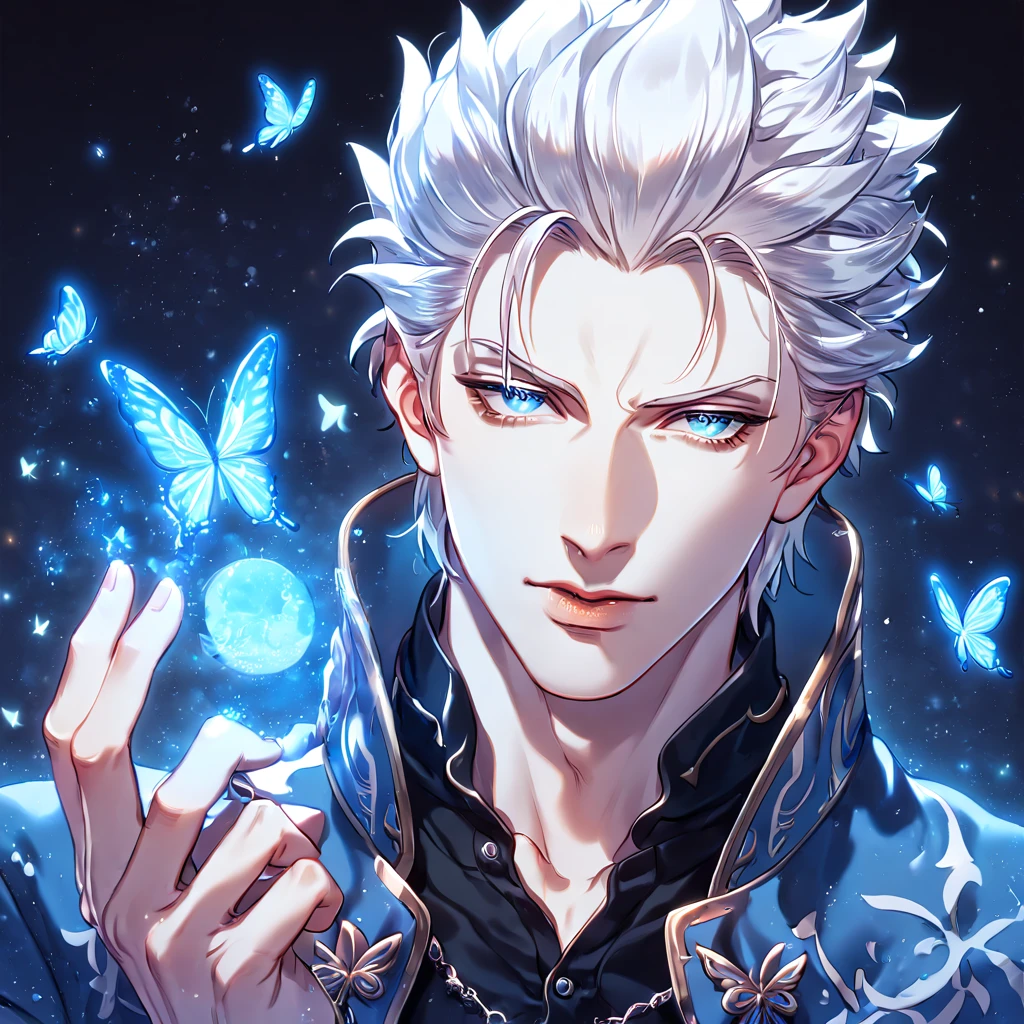 absurdres, highres, ultra detailed, HDR, master piece, best quality, Vergil, white hair, slicked up, expressive blue eyes, Devil May Cry, solo, sexy man, handsome, sensual, blue coat, black shirt, magical, fantasy, water, blue flames, blue moon, starry, blue fireflies, blue flowers, blue butterflies