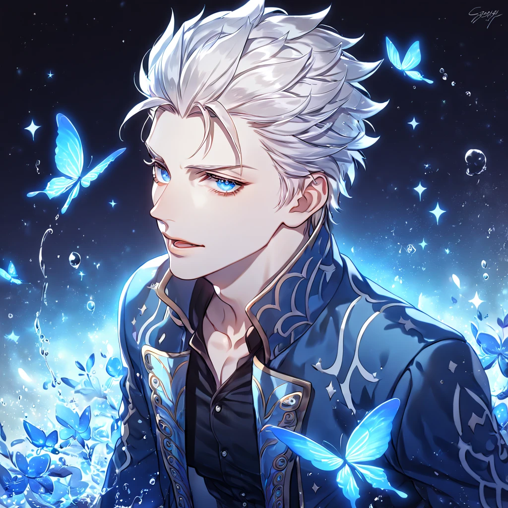 absurdres, highres, ultra detailed, HDR, master piece, best quality, Vergil, white hair, slicked up, expressive blue eyes, Devil May Cry, solo, sexy man, handsome, sensual, blue coat, black shirt, magical, fantasy, water, blue flames, blue moon, starry, blue fireflies, blue flowers, blue butterflies