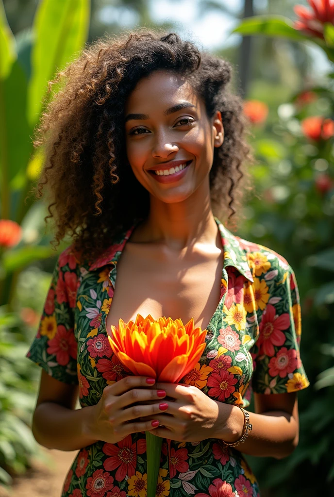 A Brazilian woman in a lush tropical garden, wearing an open shirt with a floral print, with a close-up capturing the harmonious beauty between her breasts and the natural flowers, showing off your natural charm and outgoing personality. showing her breasts