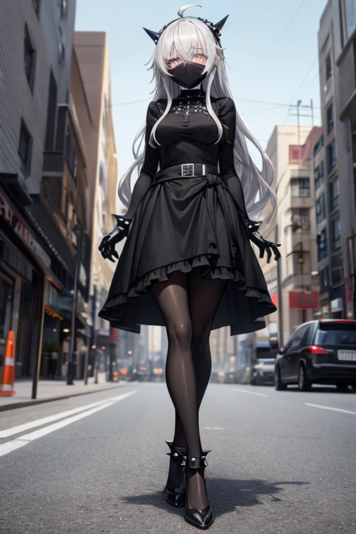 ((best quality)), ((masterpiece)), (detailed), 1 girl, Full body, 18 years old, Depressed face, Silver eyes, Arms behind waist, Eyes covered, Blushing, Silver hair, long hair, ahoge, Bangs, strand of hair covering her right eye, mask, Full body, very tall, very Small breasts, Slim body, Grey hood, Metal spikes, Grey wristbands, Long black gloves with spikes, Grey goth outfit, Gothic lolita, Grey dress, Metal emblem, Tight fitting, Black belt, Metal skin, Black pantyhose, Black shoes, Walking through the city, Metal spikes coming out of the road, City background, Anime