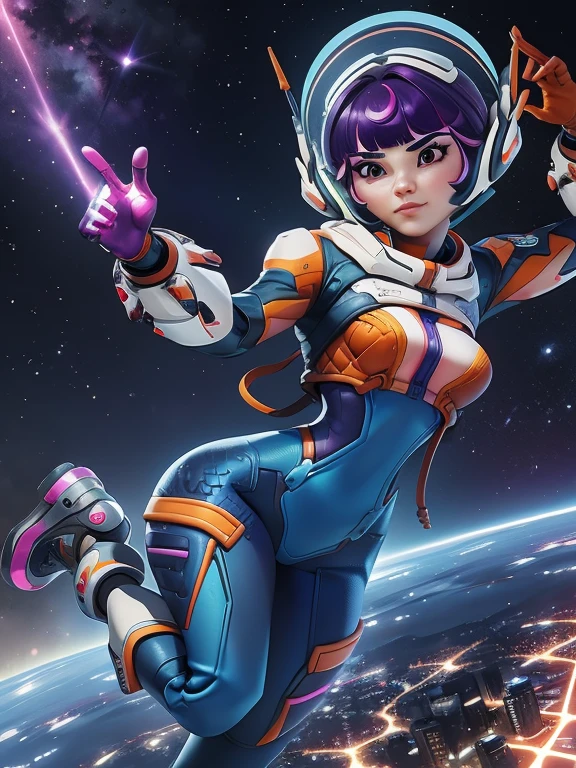 Juno_Overwatch_2, short hair, messy hair, purple hair, bangs, brown eyes, white headphones, orange cropped jacket, blue skintight bodysuit, white backpack, space ranger, blue and orange gloves, long eyelashes, cute face, orange and white space boots, wide smile, excitement, she's very adventurous, outer space background, pink nebula's in the surroundings
