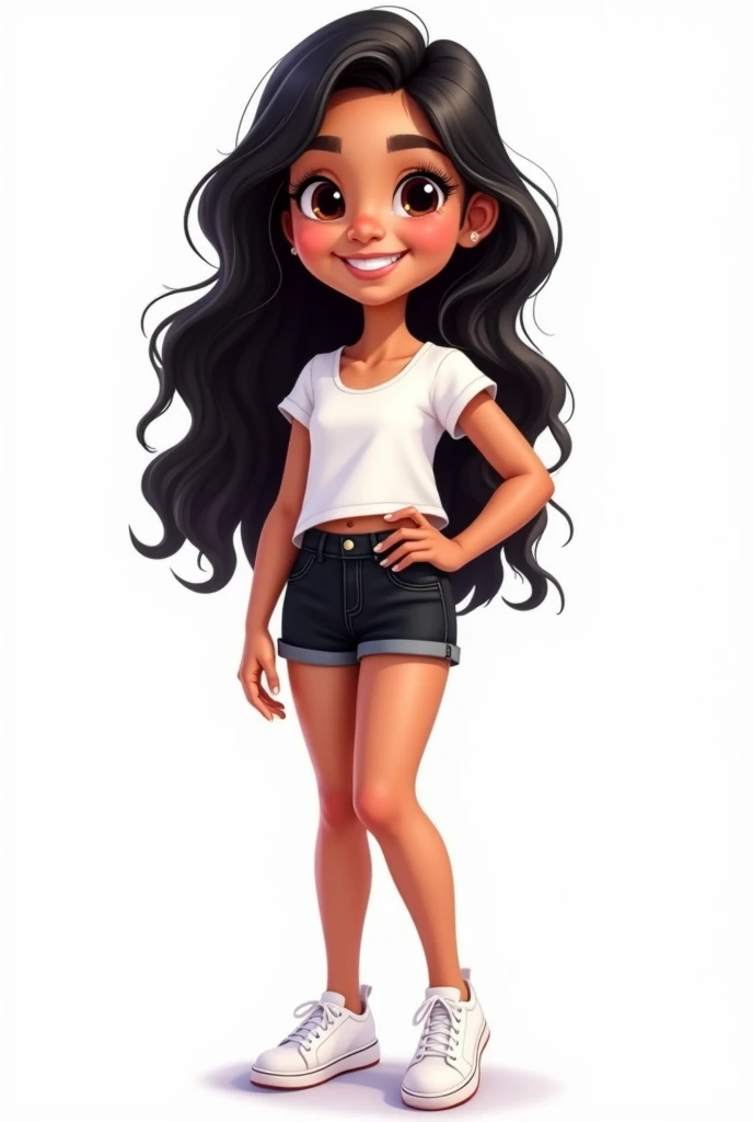illustration of an avatar of an 8 year old Latino girl named lucy with long black beautiful hair ,wearing a white top and black shorts with white sneakers ,plain white background, isolated on white