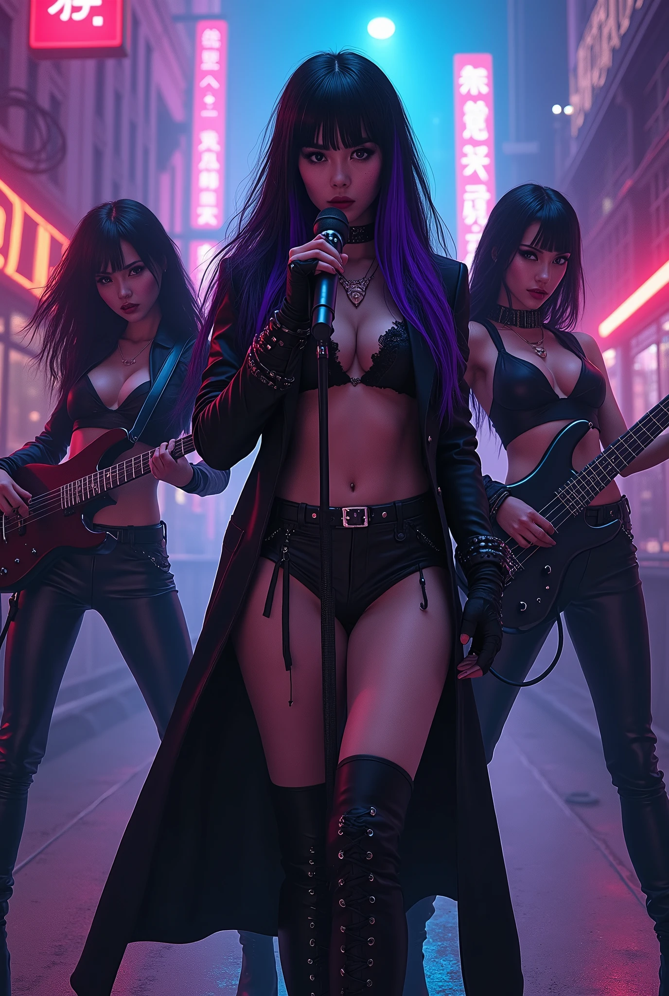 three nordic pale skinned goth women in costumes are posing, the lead singer in the middle has large breast and black long hair with purple highlights, the woman to her left is holding a electronic guitar, the woman to the right of her is holding a electric bass guitar, her she is holding a microphone seductive cyberpunk dark fantasy, cyberpunk angry gorgeous goddess, gothic - cyberpunk, cyberpunk dark fantasy, cyberpunk horror style, cyberpunk women, cyberpunk dark fantasy art, anime cyberpunk art, angry high moral sexy werewolf, cyberpunk femme fatale, gothic fantasy art, cyberpunk art style, 8k high quality detailed art