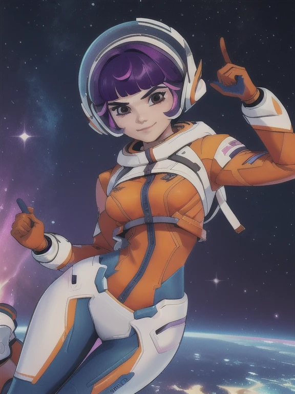 Juno_Overwatch_2, short hair, messy hair, purple hair, bangs, brown eyes, white headphones, orange cropped jacket, blue skintight bodysuit, white backpack, space ranger, blue and orange gloves, long eyelashes, cute face, orange and white space boots, wide smile, excitement, she's very adventurous, outer space background, pink nebula's in the surroundings
