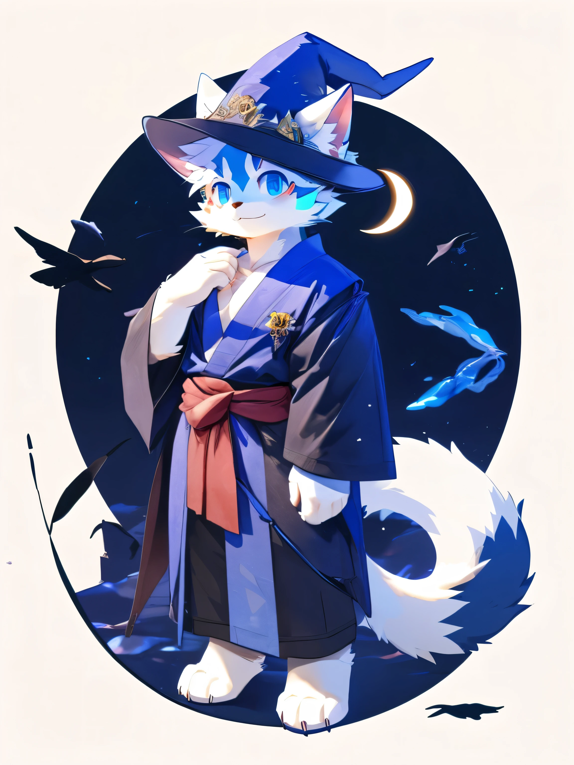 nj5furry,kemono,full-length portrait,anthro,hi res,male,White hair,White cat,Mage,Wizard Hat,White robes,Armband,strong,Plush paw,Fluffy hair,Plush tail,A tail,Delicate eyes,Detailed eyes