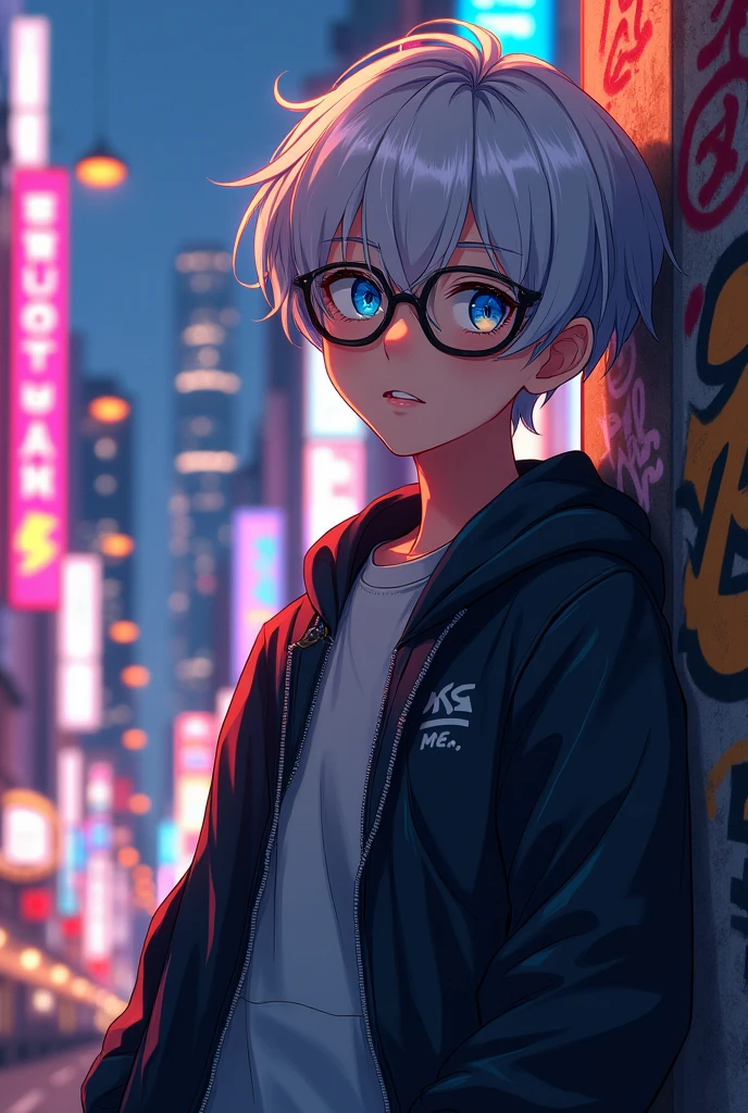 Young male with white hair with black tips, two-colored eyes, and anime-style glasses 
