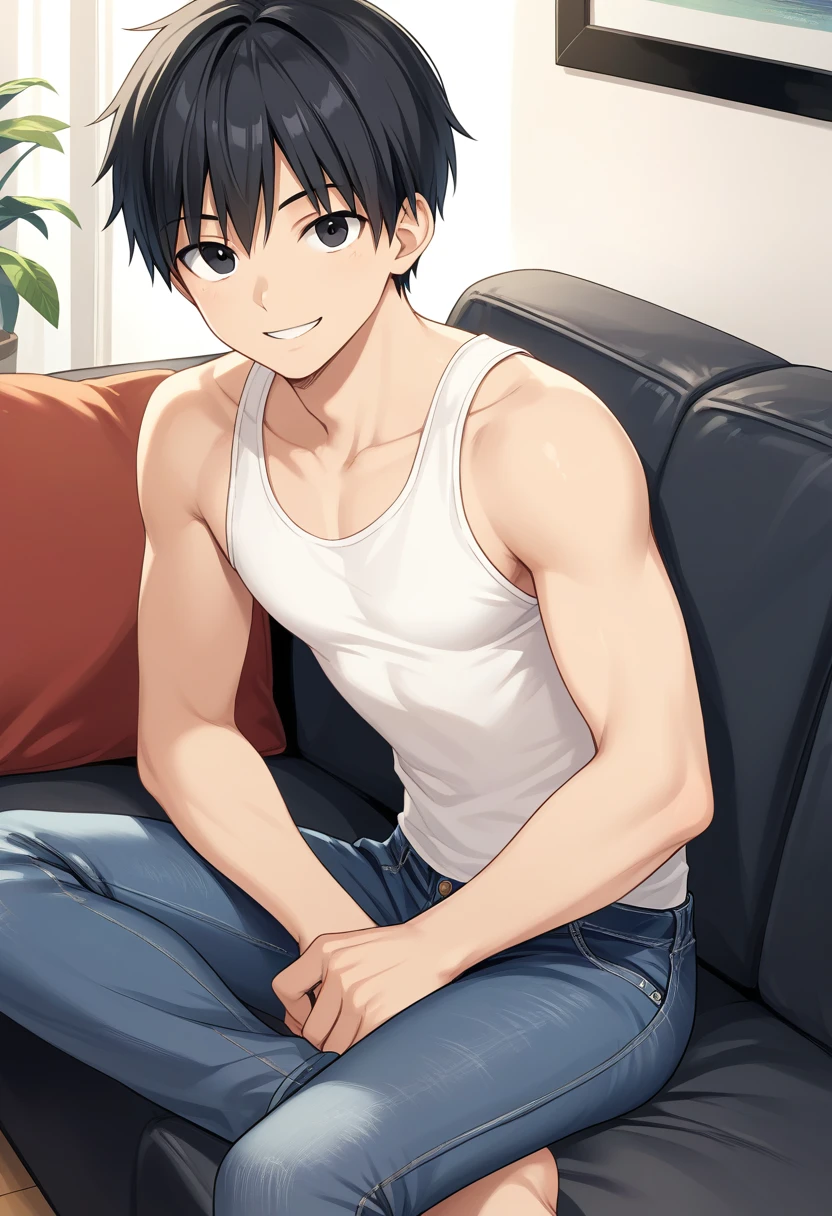 1boy, solo, score_9, 20yo, straight hair, short hair, black hair, black eyes, white tank top, jeans, sitting, sofa, indoors, looking at viewer, smile