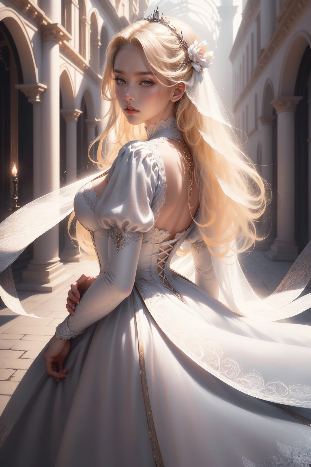 (Masterpiece - Ultra-detailed, very high resolution) Prepare to be enchanted by a true masterpiece that combines ultra-detailed art with high-resolution rendering. This work depicts a mesmerizing woman with very long blond hair (1.3) and captivating gray eyes (1.2), emanating an aura of elegance and mystery in Victorian settings. The intricate details and realistic textures invite you to explore every aspect of this enchanting composition. Woman wearing beautiful classic Victorian costume from the year 1878. Red lips. Happy face. Smiling. white (white) dress. Walking, backwads, looking back, upper body, dynamic poses. Get ready to dive into a world where beauty and craftsmanship merge perfectly.