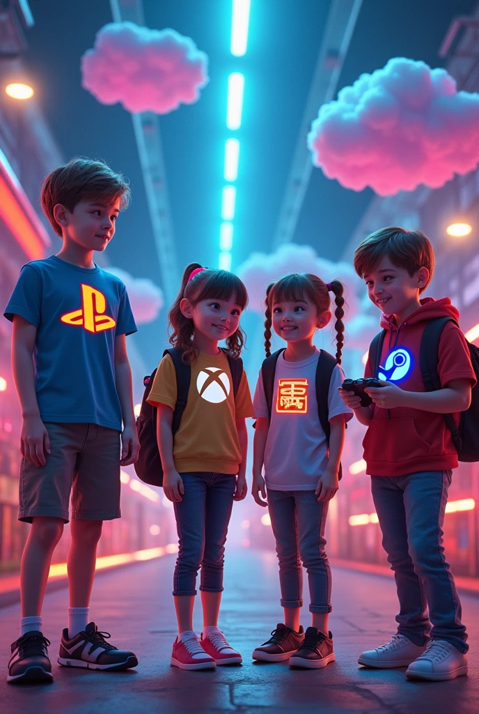 Une fille Logo PlayStation, un garçon logo Xbox, une fille logo Nintendo, et un garçon logo Steam animé