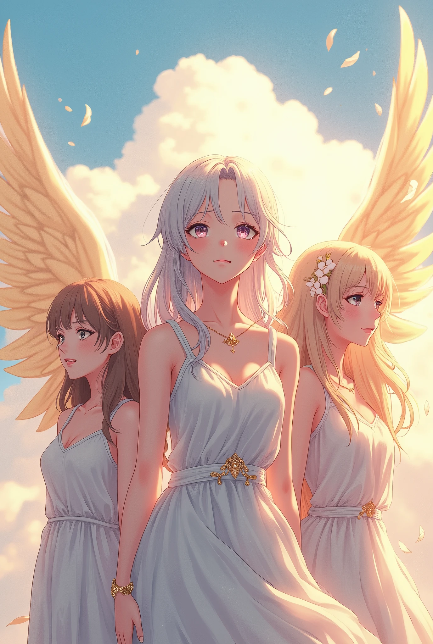 Uriel, female version, high quality, anime-style, angelic appearance, three figures standing side by side.