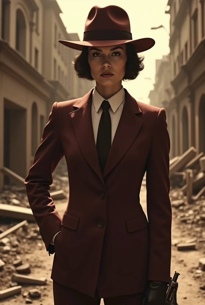Sonata Dusk as commissioner Tudor Miclovan Sergiu Nicolaescu   female with burgundy brown suit burgubdy brown fedora and burgubdy brown necktie with a Smith and wesson Victory model 10th revolver bucharest 1945