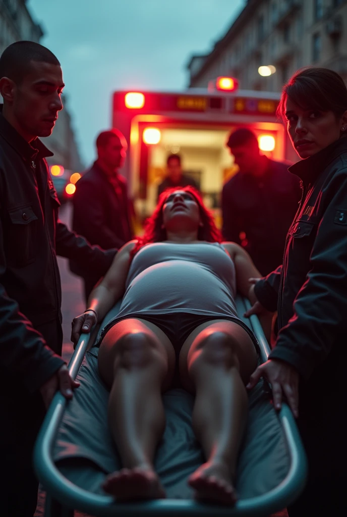 Injured pregnant woman being taken to ambulance on a stretcher