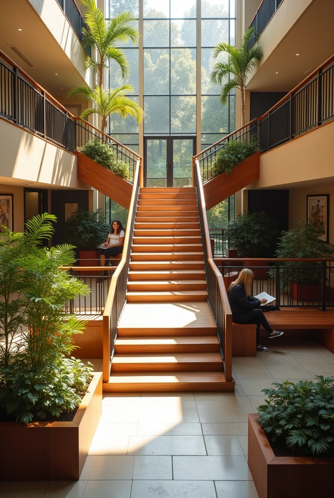 create a floor plan photo of a university staircase leading to the upper and lower place