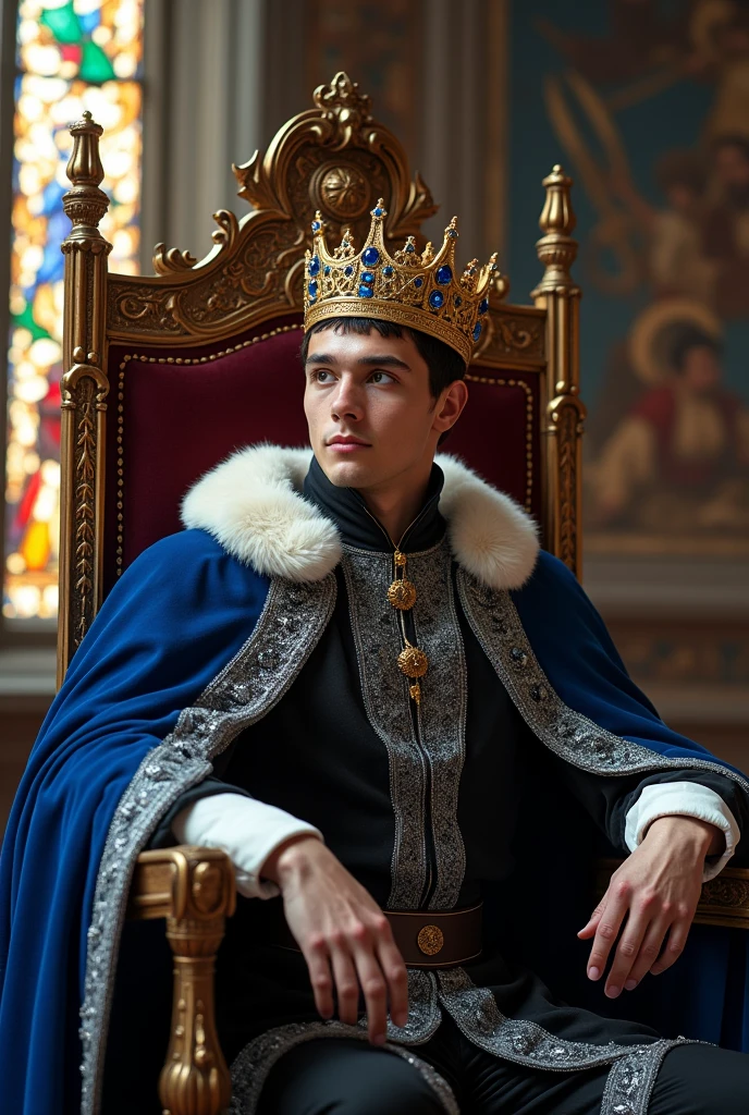 A Korean young and handsome king from the North Kingdom, with short black hair and black raven eyes, wearing his blue, black and white with silver linings royal clothes with his golden crown that has a big sapphire stone in the middle while sitting on his throne inside his castle.