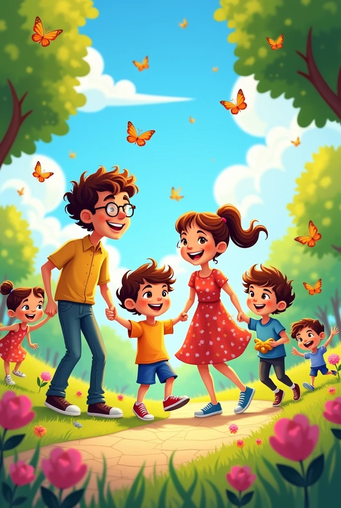 A family of seven, with husband and wife, five children, cartoon
