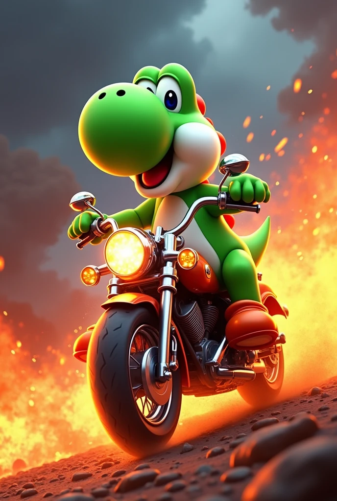 Yoshi riding a motorcycle engulfed in flames while shooting into the air