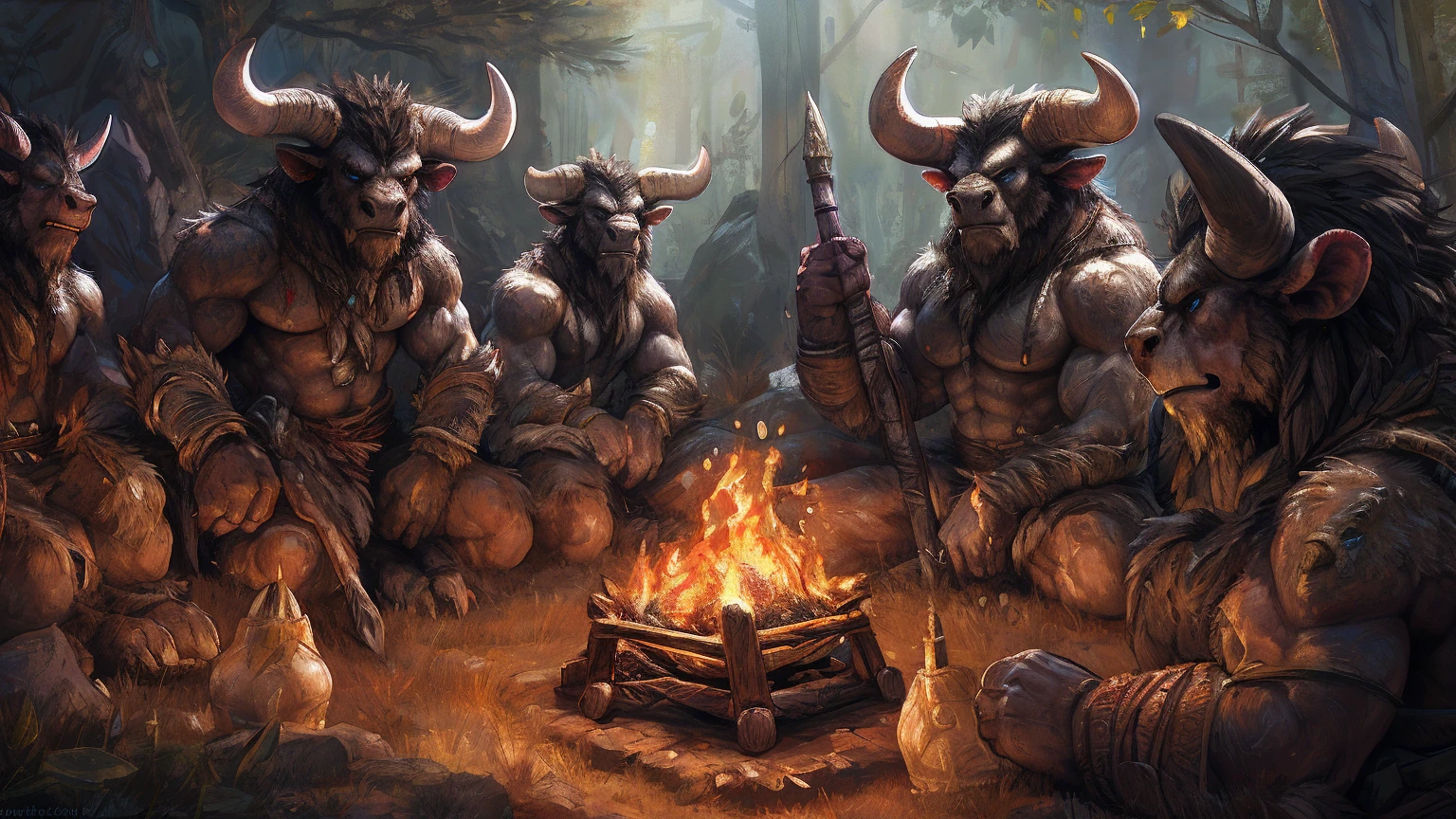 group, minotaurs, fireplace,forest,muscular,hyper_muscles,surrounding,muscular,4k,perfect_body,by kenket, by darkgem, by miosha, serious,smooth_lights, detailed, 3_minotaurs, spears, weapons_on_floor,weapons, tribal, tribal, armors,by kenket, by darkgem, by miosha, (group)((group))(MINOTAUR) (group)((group))(MINOTAUR) (group)((group))(MINOTAUR) (group)((group))(MINOTAUR), tribal, forest, tribal_forestal,warcraft,tribal,perfect_face,perceft_body, outiide,camp,campsite,blood_on_floor,hyper_body,monter_size, (outside),detailed_eyes.perfect_eyes,(detailed_eyes.perfect_eyes)(detailed_eyes.perfect_eyes), blue eyes, big_eyes
