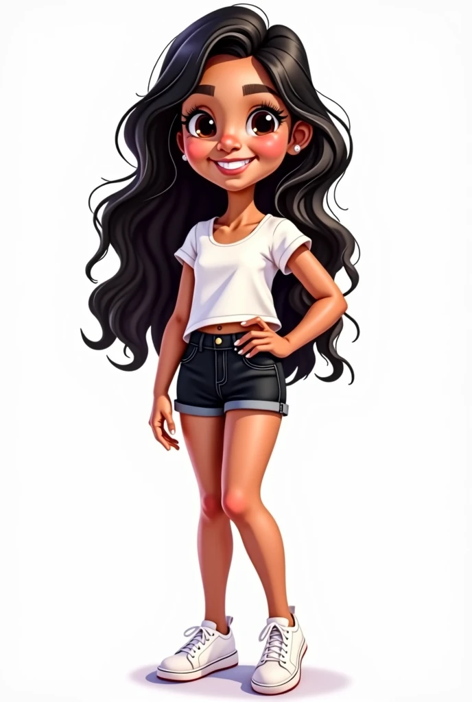 
  illustration of an avatar of an 8  Latino girl named lucy with long black beautiful hair ,wearing a white top and black shorts with white sneakers ,plain white background, isolated on white