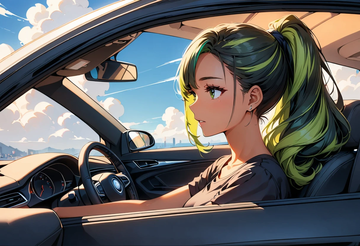 (highest quality:1.2, Very detailed, up to date, Vibrant, Ultra-high resolution, High Contrast, masterpiece:1.2, highest quality, Best aesthetics), wide angle, Portraiture、girl、((25 years old:1.8)), (slim:1.2),Bright colors、Beautiful fine details、Beautiful lip detail、long hair, (ponytail:1.3), white and yellow green ((streaked hair:1.6)), highlights hair: 1.5, (small breast,:1) (tan skin:1.2), ((drive a car:1), sitting in the driver's seat), convertible car, blue sky and white cloud, black t-shirt, jeans shorts, looking ahead, side view