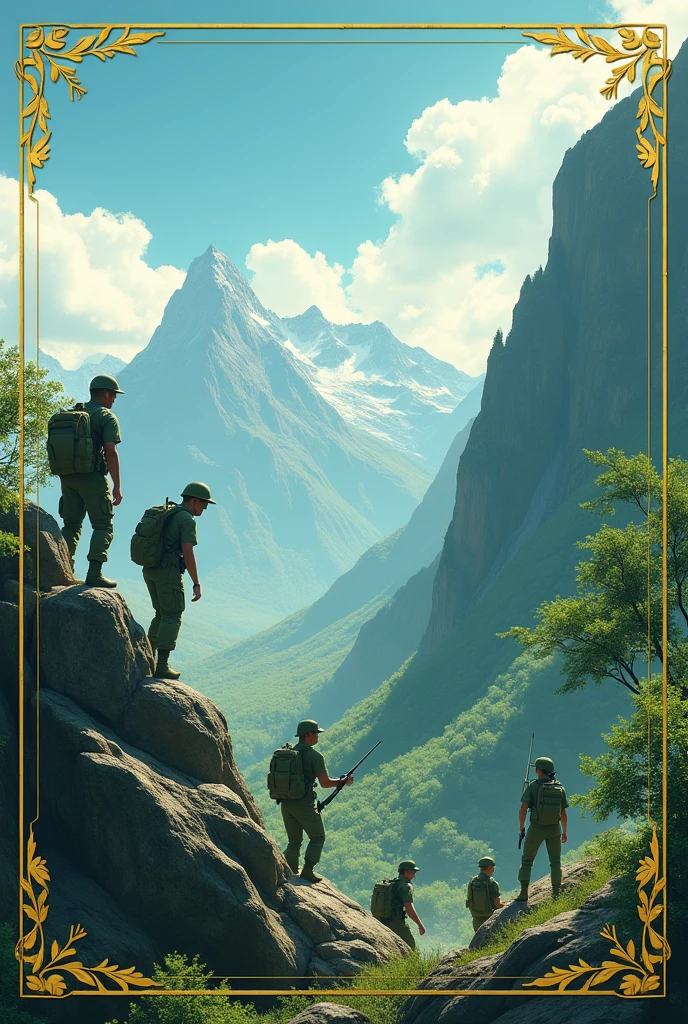 Please design a picture for me to honor the first, second, third and encouragement prizes. On the theme of military students, the main color is green, military training, mountainous area. We are on military training for a month, and there will be a contest, so I need you to design a certificate of merit for me