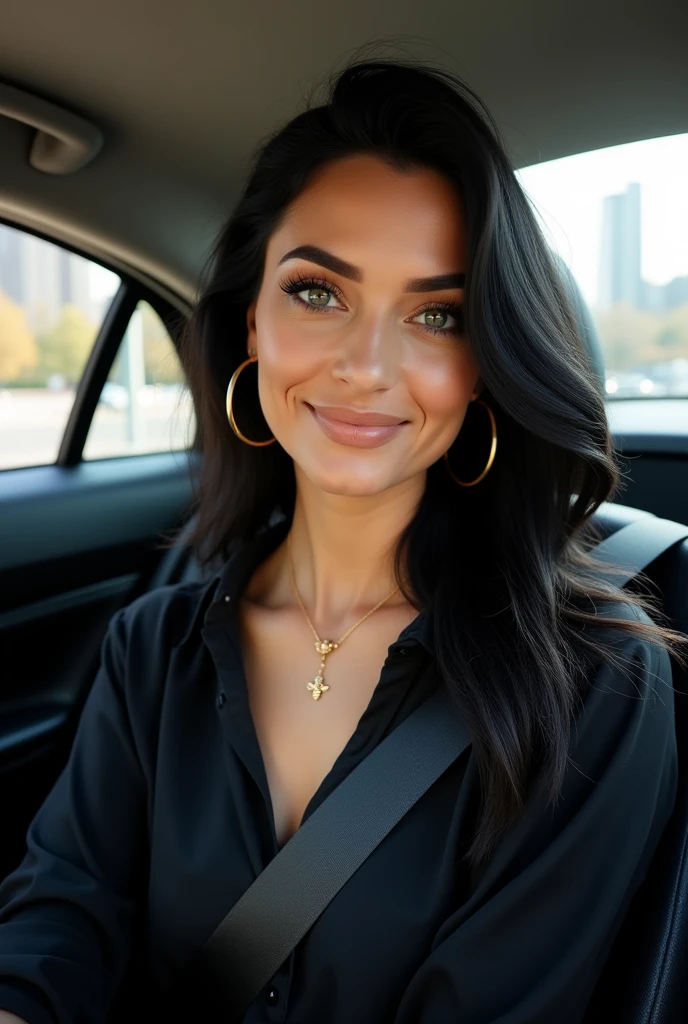 into the image, there is a woman inside a car. She has long black hair that falls over her shoulders, slightly wavy and well defined. Your skin is clear, and she is wearing makeup that highlights her eyes with voluminous lashes and well-defined eyebrows. His eyes are clear, probably blue or green, and her lipstick is a nude shade, Highlighting her full lips.

she is wearing a black blouse, and a delicate necklace with a bee-shaped pendant, that stands out against the blouse. You can also see a pair of golden hoop earrings. The car's seatbelt is fastened, and she is smiling slightly at the camera.

Ao fundo, you can see a car window, revealing an external scene with some buildings, And the sky is clear. The lighting in the image is natural, probably due to the daylight entering the car window.