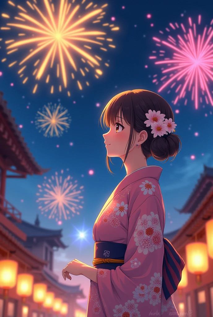 Woman in yukata、Japanese anime illustration、firework