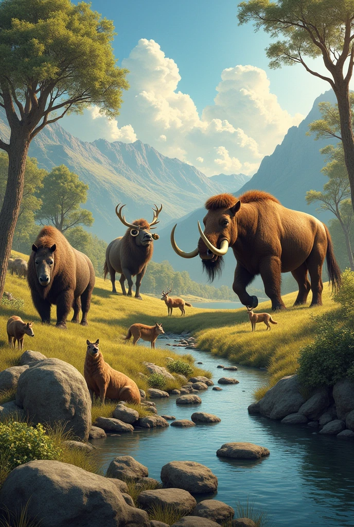 image with a horse, a mammoth, a uro, a seal, a bison, A bear, a woolly rhinoceros, A deer and a wolf in prehistory