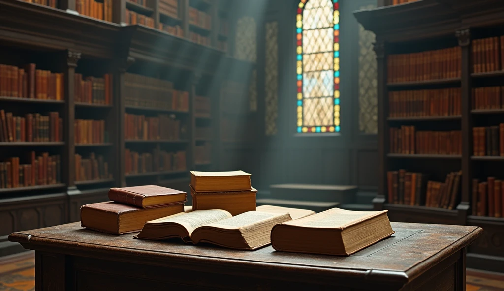 It gives me a background of a large old time with a table with books on it